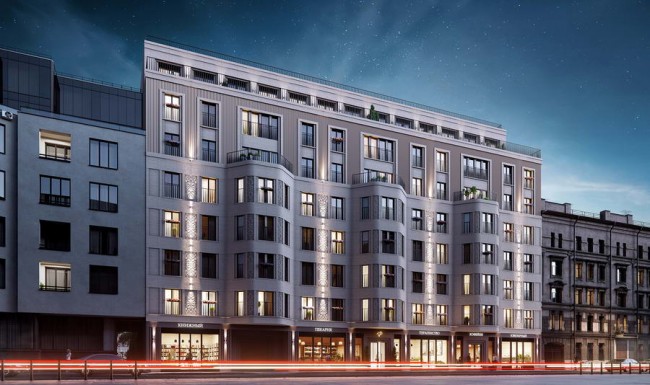 фасад жилого комплекса «VEREN PLACE советская» вечером
