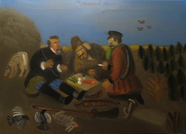 охотники на привале, Александр Флоренский, из цикла “Русский мир”, холст, масло