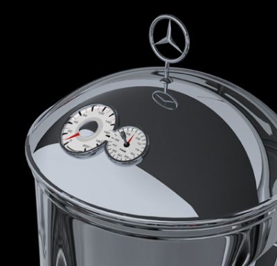 SLK – pot
The car design today is important as never before and gets more and more in the home equipment. The pot like the favourite and expensive car could be the symbol of personal status and the boast too. Moreover, it shows the open signs of the favourite brand - the trade mark of MERCEDES. This urges forward those who dream about the possessing of the car only; this flatters to lucky owners & enlarges the profound effect  of the company itself. The object is expensive both by design and by execution. The steel of high-quality, "capsule" bottom which saves the warmth well. The streamlined and heat-resistant handles are made in car design. On the head of the pot evident control panel, temperature detector & beeper are located, then the object is easy-to-use because the pot itself helps to cook. Thanks to removable colander & heavy chocked tightly cover, the pot could be used like the steamer.The salubrious food upgrades the standart of life and therefore the self-appraisal.The domestic chores which are atypical for men are becoming the elements of prestige.The range could be extended retaining the corporate identity of MERCEDES
