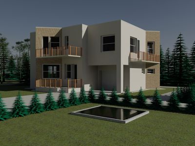 коттедж с крыльцом и балконами в ландшафте
главный фасад_2 вид слева
