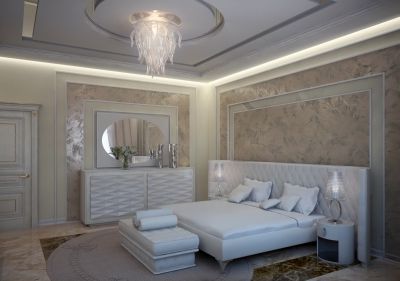 Интерьер спальни, кровать с изголовьем
